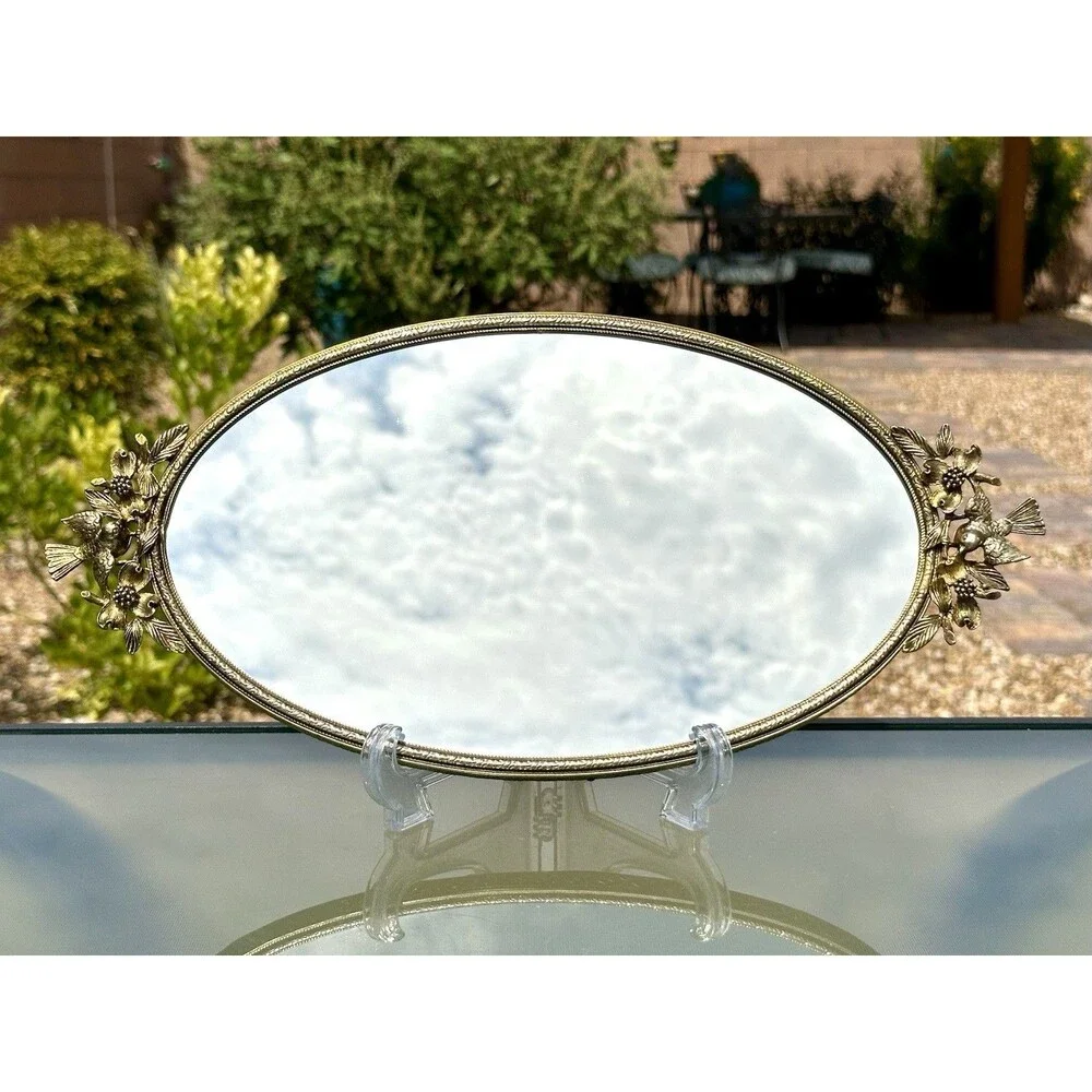 Vintage Matson Vanity Mirror Tray Birds Dogwood Gold Plated Hollywood Regency